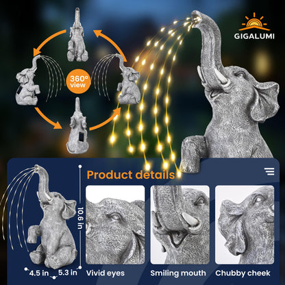 GIGALUMI Solar Garden Decor Upgraded Elephant Statues Outdoor, Birthday Gifts for Women Mom Grandma Senior Elder, Elephant Ornament for Balcony, Garden, Patio, Yard, Lawn (Twinkling Lights Only)