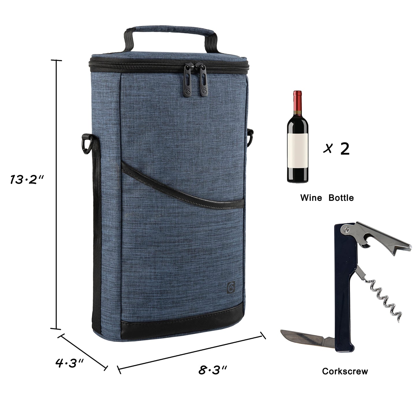 ALLCAMP 2 Bottle Wine Tote Carrier - Insulated Portable Padded Canvas Wine Bag for Travel, BYOB Restaurant, Wine Tasting, Party, Great Christmas Day Gift for Wine Lover，Blue