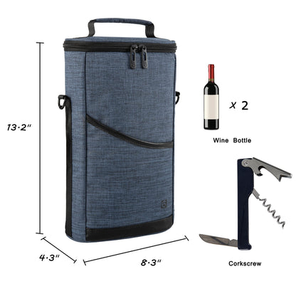 ALLCAMP 2 Bottle Wine Tote Carrier - Insulated Portable Padded Canvas Wine Bag for Travel, BYOB Restaurant, Wine Tasting, Party, Great Christmas Day Gift for Wine Lover，Blue