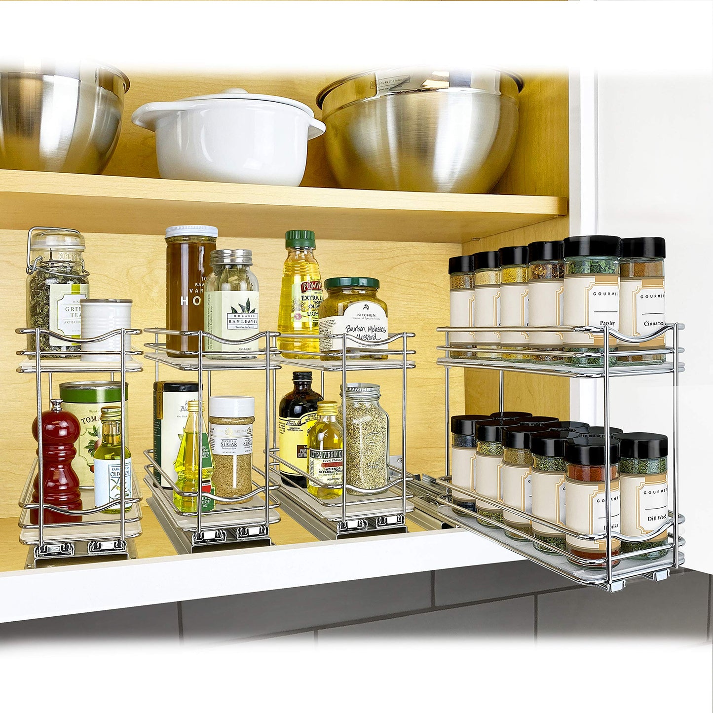 LYNK PROFESSIONAL® Pull Out Spice Rack Organizer for Inside Kitchen Cabinets - 4-1/4 inch Wide - Slide Out Drawer – Chrome Sliding Spice Cabinet Organization Shelf Racks - 2 Tier