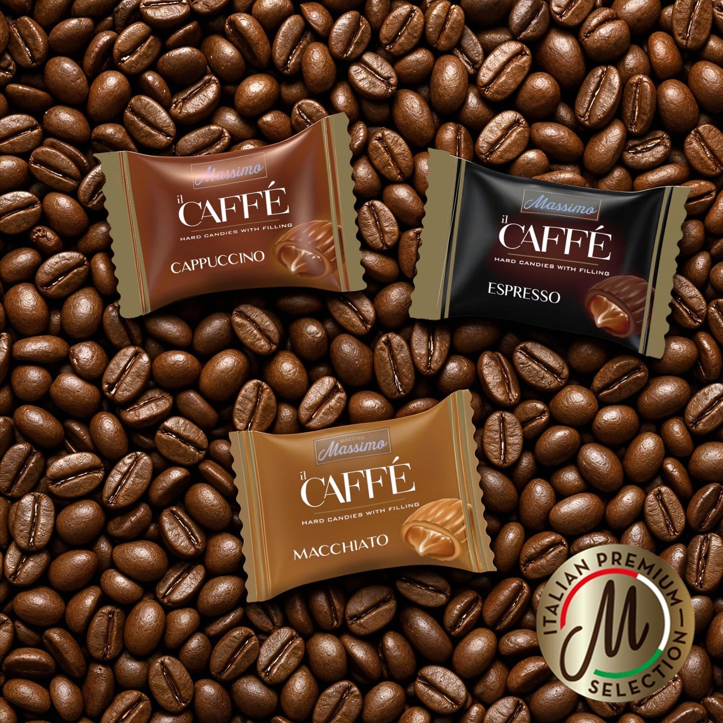 Maestro Massimo Center Filled Hard Pocket Coffee Candy, 3mg Caffeine per Candy, Individually Wrapped, Macchiato, Espresso, Cappuccino Flavored, 2.2 Pound Bulk Bag - Pack of 1