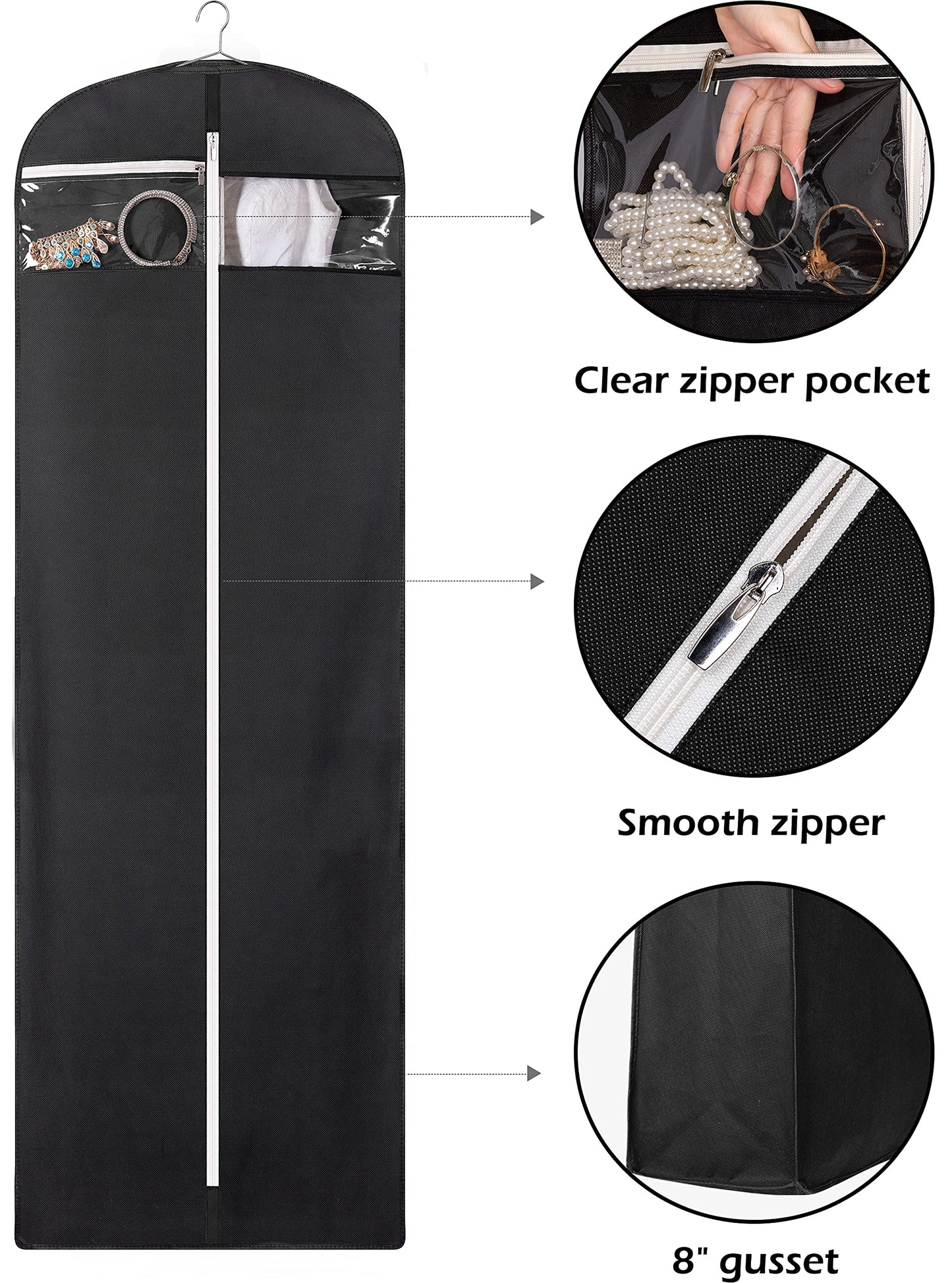 MISSLO 70" Bridal Wedding Gown Dress Garment Bag with Accessories Pouch Large Travel Garment Cover 8" Gusset (Back)