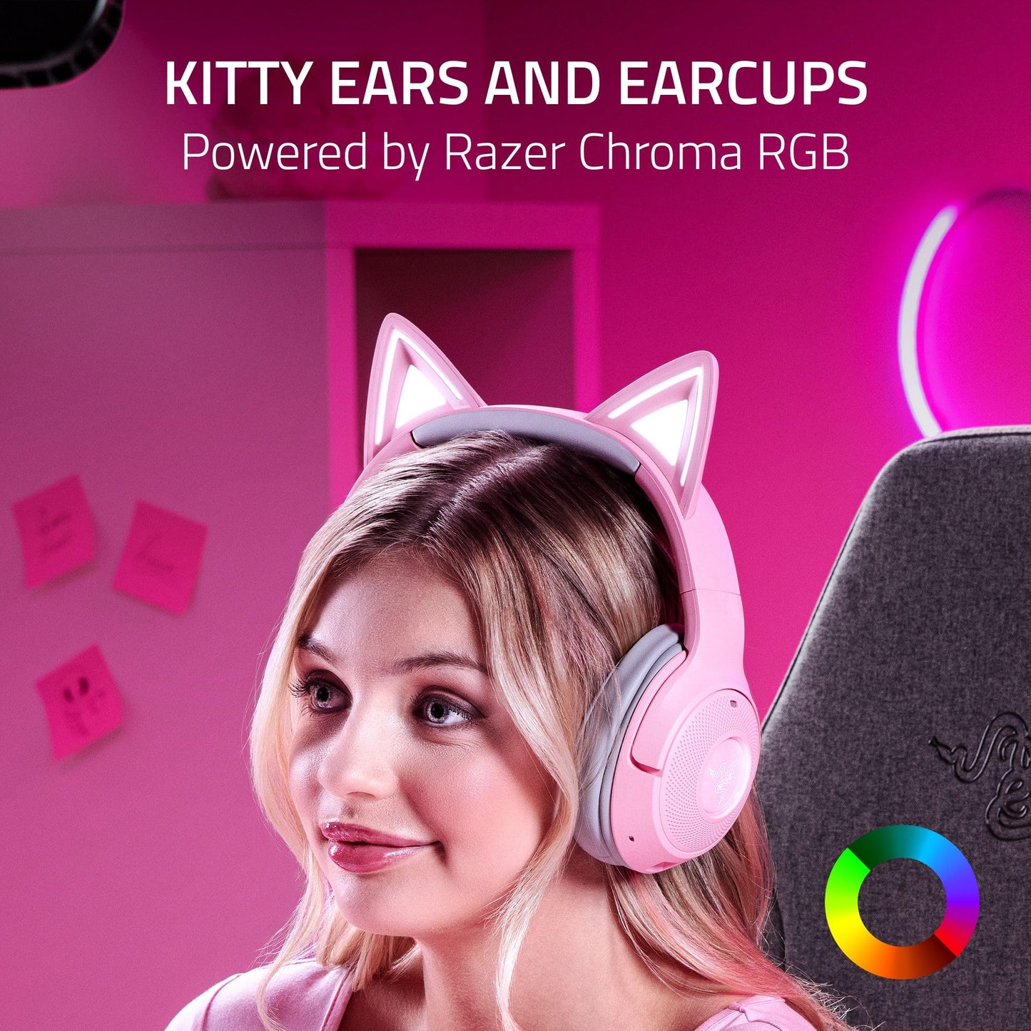 Razer Kraken Kitty V2 BT Wireless RGB Headset: Chroma RGB Kitty Ears & Earcups - Bluetooth 5.2-40 mm Drivers - Noise-Cancelling Mics - Lightweight - 40 Hr Battery w/Type C Charging - Quartz Pink