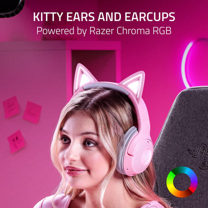 Razer Kraken Kitty V2 BT Wireless RGB Headset: Chroma RGB Kitty Ears & Earcups - Bluetooth 5.2-40 mm Drivers - Noise-Cancelling Mics - Lightweight - 40 Hr Battery w/Type C Charging - Quartz Pink