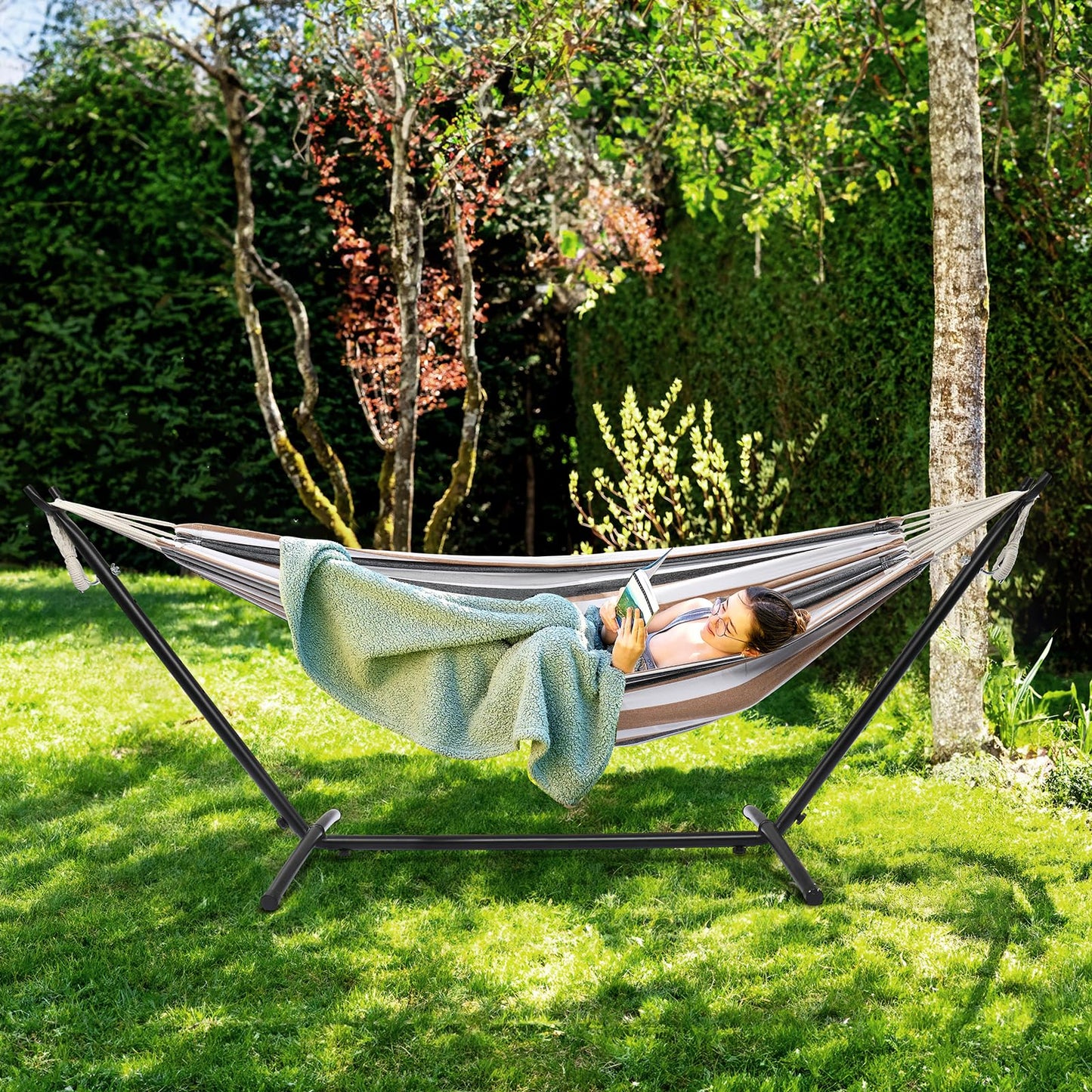 ONCLOUD Heavy Duty 550 LBS Double Hammock with Stand Included with Portable Carrying Bag, Upgraded 2 Person Hammock with Frame for Outdoors & Indoors, Series TDCTZ2 - Desert Stripe