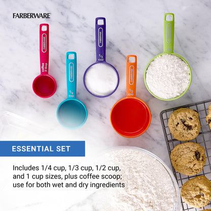 FARBERWARE 5-Piece Measuring Cup Set with Coffee Scoop, Durable Plastic Nesting Measuring Cups with Easy-Read Markings, BPA-Free, Dishwasher Safe