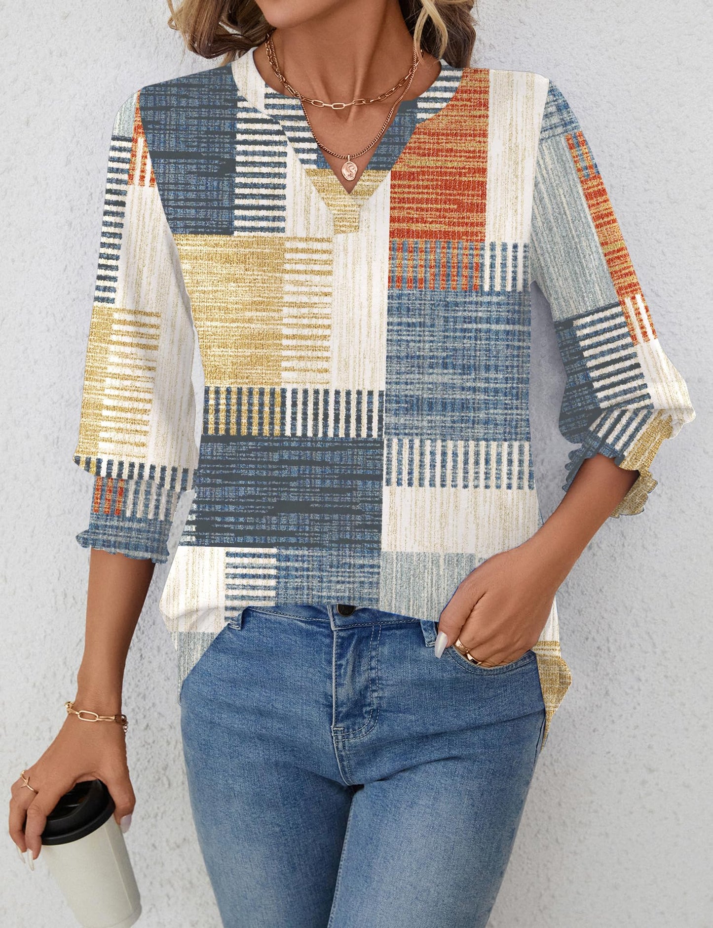 LOMON Blouses for Women Dressy Casual 3/4 Sleeve Tops for Women V Neck T Shirt Ladies Tops and Blouses Orange Blue Print L