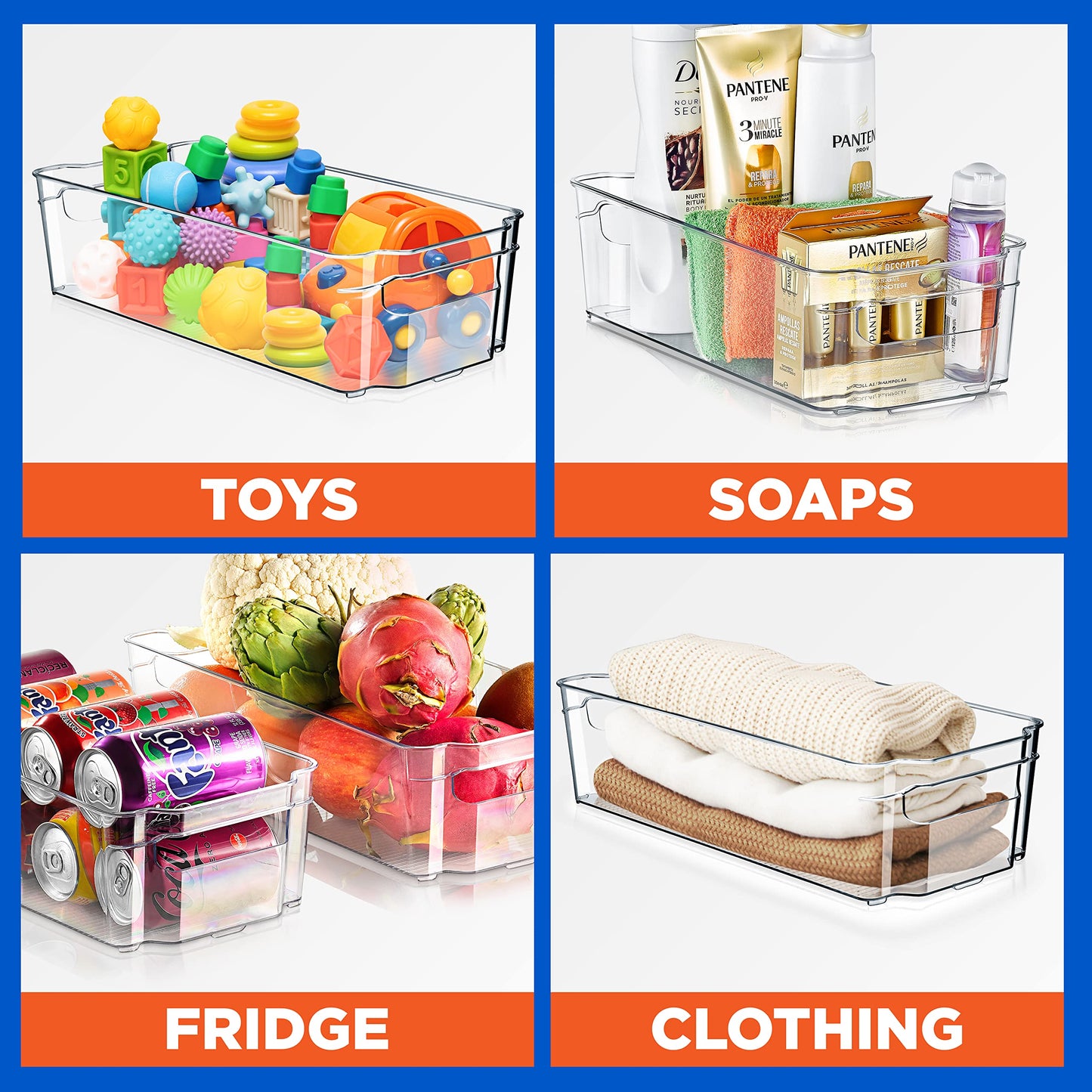 NutriChef 8-Piece Clear Refrigerator Organizer Bins – BPA-Free Fridge, Freezer, Pantry, Cabinet Storage Set (4 Wide & 4 Narrow Bins)