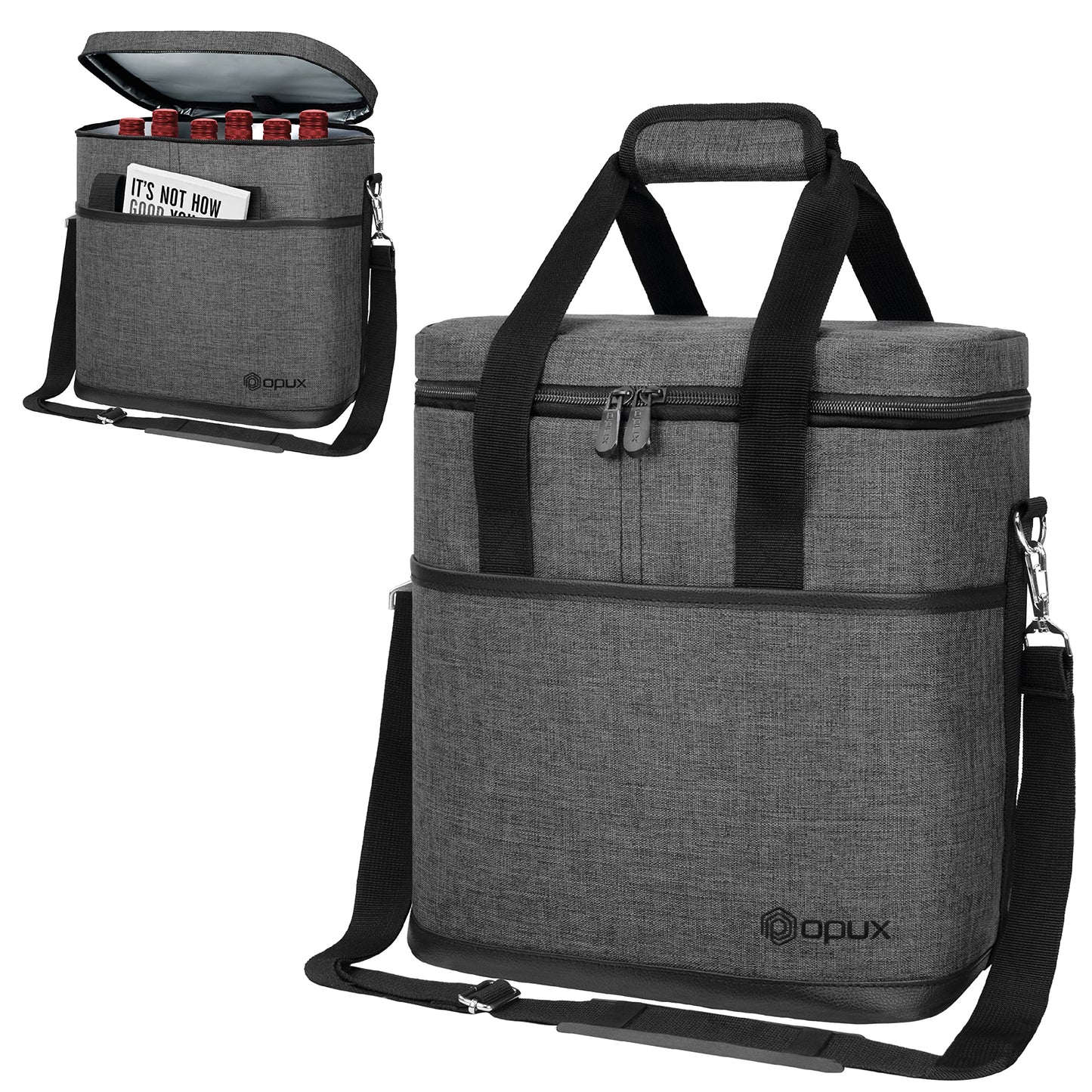 opux 6 Bottle Carrier Tote | Insulated Padded Wine Cooler Bag for Travel. Picnic, BYOB | Portable Leakproof Wine Tote Bag for Dinner, Party, Christmas, Wine Gift for Women, Men (Charcoal Gray)
