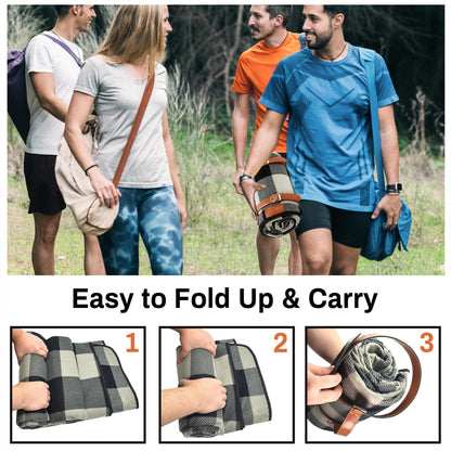 PortableAnd Picnic Blankets, 3 Layer Soft Fleece Blanket for Beach,Camping on Grass, Waterproof, Sandproof, Best Gift for Couple & Families, Black and Gray Checkered