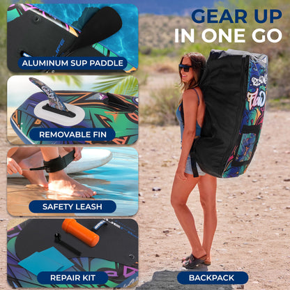 SereneLife Inflatable Stand Up Paddle Board - Wide Stable Design, Non-Slip Deck for Adults & Youth with Premium Paddle Board Accessories: Carry Bag, Dual Action Pump, Paddle, Ankle Leash - 10'6"