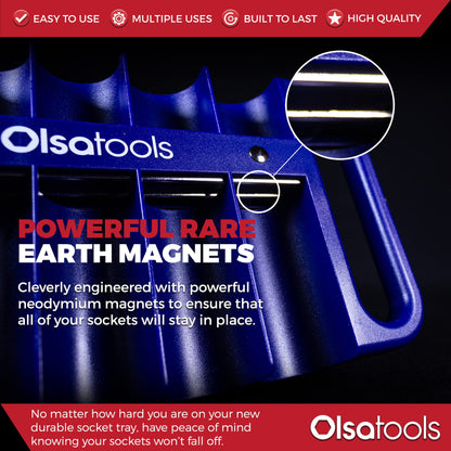 Olsa Tools Magnetic Portable Socket Organizer Tray - 1/2-Inch Drive - Blue Holder for Deep & Shallow Sockets - Fits up to 1-3/16" SAE or 30mm Metric - Quality Product for Professionals - Part 1080