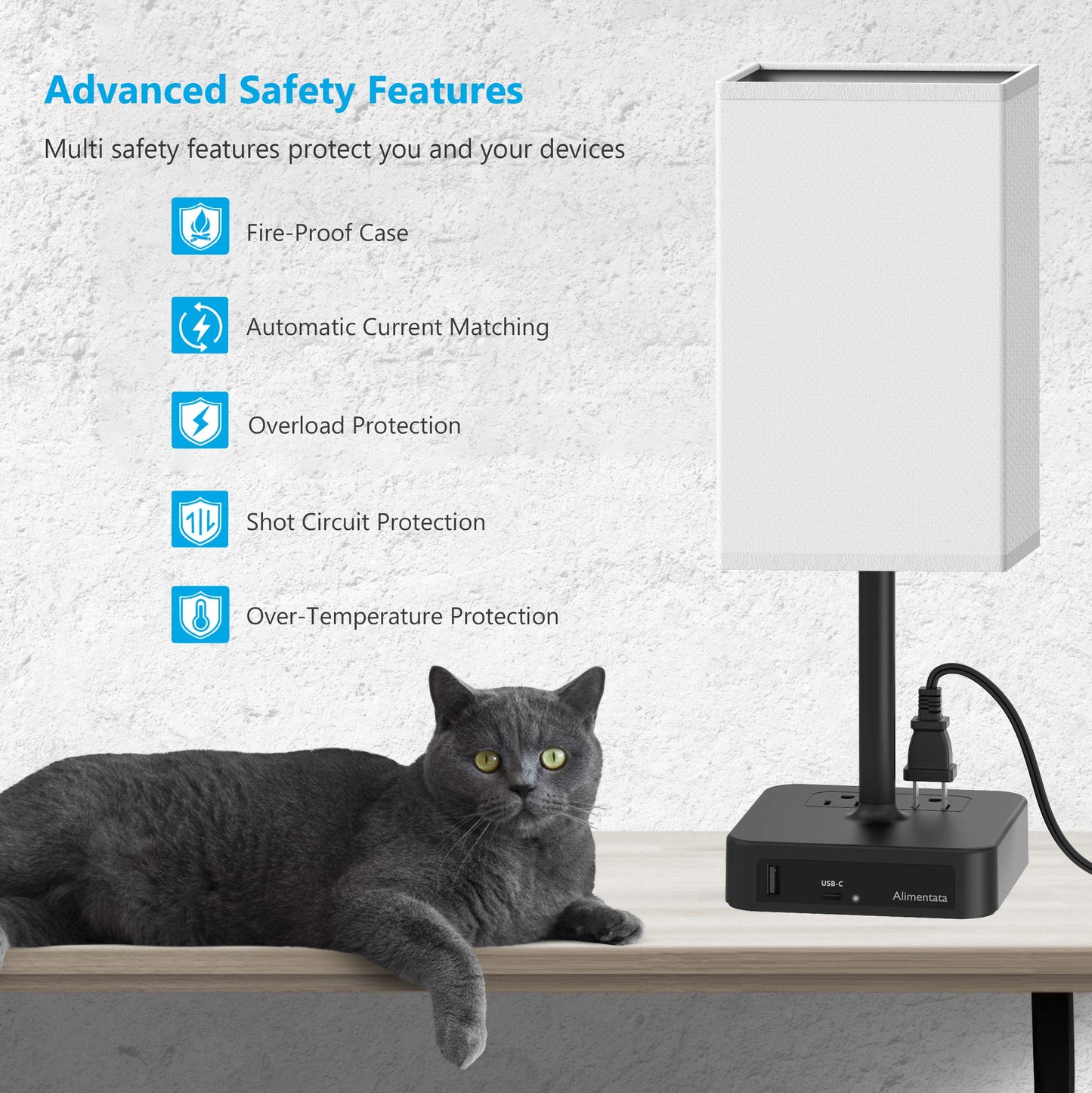 Alimentata Bedside Table Lamp with Touch Control & USB C+A Charging Ports LED Desk Lamp with 2 AC Outlets, Minimalist Nightstand Light with Black Fabric Shade for Bedroom, Living Room, Office, White