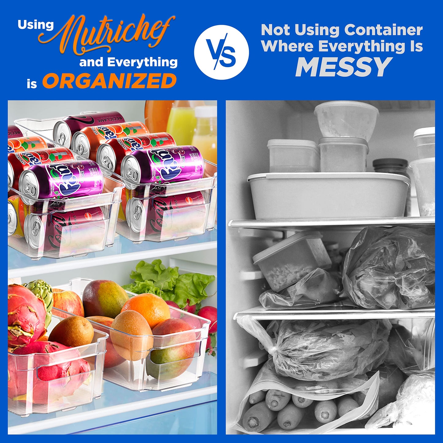 NutriChef 8-Piece Clear Refrigerator Organizer Bins – BPA-Free Fridge, Freezer, Pantry, Cabinet Storage Set (4 Wide & 4 Narrow Bins)