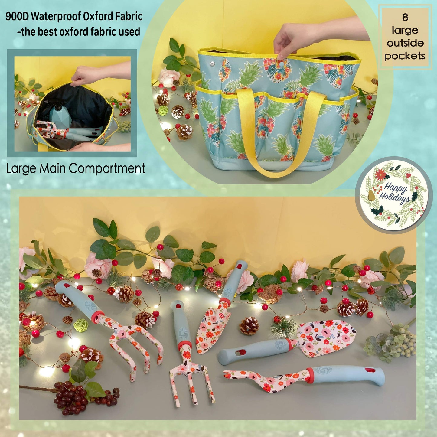 Kit4Pros Floral Garden Tool Set| Gardening Gifts for Women Birthday| Heavy Duty Tools Kit|Storage Tote Bag Organizer| Pruning Shears| Gardener Gloves| Sprayer| Weeder| Trowel (Floral Set)