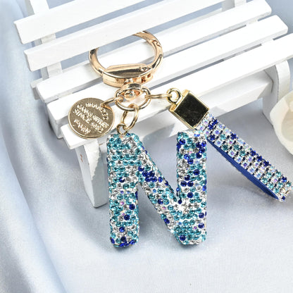 Pink Blue White Initial Letter Keychain Gift for Women Girls Bling Sparkly Cute Backpack Car Key Accessories Lanyard (N-blue)