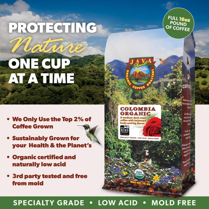 Low Acid Organic Coffee – Whole Bean, Mold-Free & Stomach Friendly by Java Planet, Colombian Single Origin Coffee, Medium Dark Roast, Smooth Full Flavored, 1LB Bag