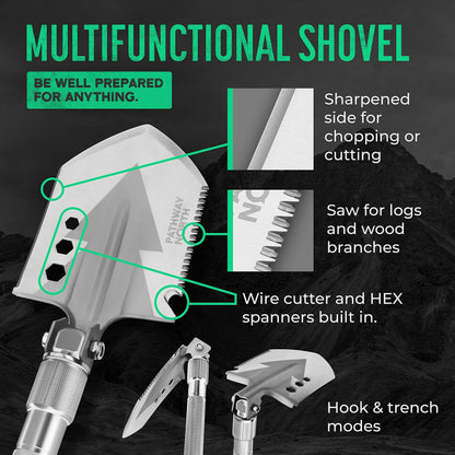 PATHWAY NORTH Survival Shovel and Camping Axe – Stainless Steel Tactical Survival Multi-Tool and Survival Hatchet Equipment for Outdoor Hiking Camping Gear, Hunting, Backpacking Emergency Kit(Silver)