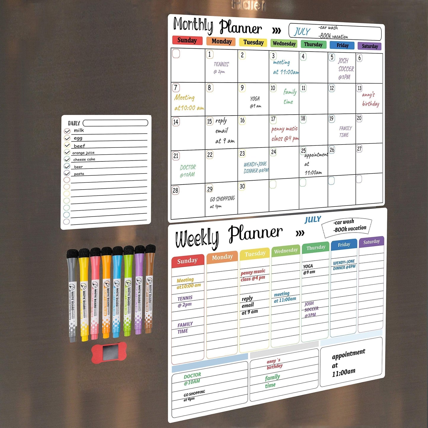Hivillexun Magnetic Dry Erase Calendar Whiteboard Set (3-Pack) for Fridge, Wall, and Refrigerator Organization – Monthly, Weekly, and Daily Planners with 8 Markers and Eraser