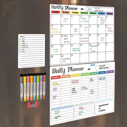 Hivillexun Magnetic Dry Erase Calendar Whiteboard Set (3-Pack) for Fridge, Wall, and Refrigerator Organization – Monthly, Weekly, and Daily Planners with 8 Markers and Eraser