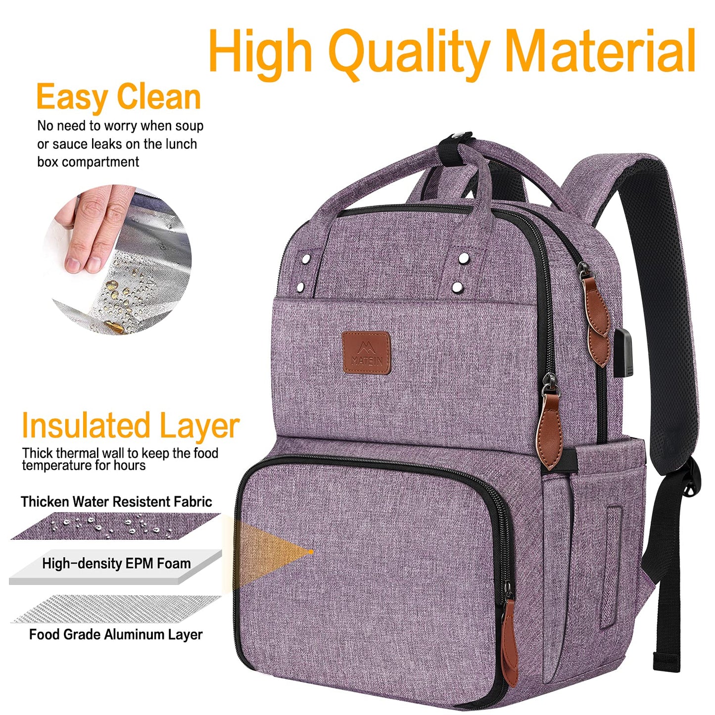 MATEIN Laptop Backpack with Lunch Box, Insulated Women Backpacks with Cooler Compartment, 15.6 inch Water Resistent Tote Food Bag with USB Charging Port for College Beach Camping Picnics Hiking