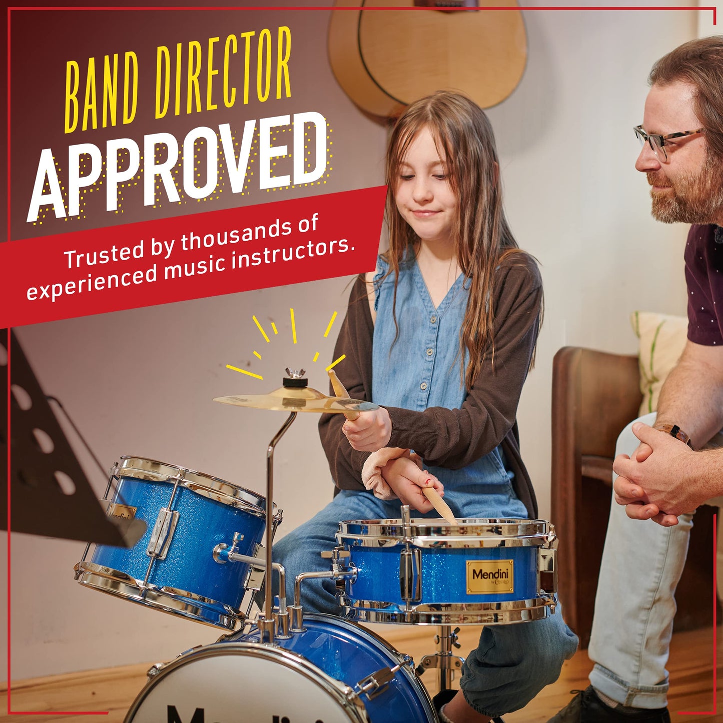 Mendini By Cecilio Kids Drum Set, 3 Piece Junior Drum Set for Beginners with Bass Tom Snare Drum, 13 inch Drum Kit with Snare, Cymbal, Drumsticks, Adjustable Seat (Metallic Red)