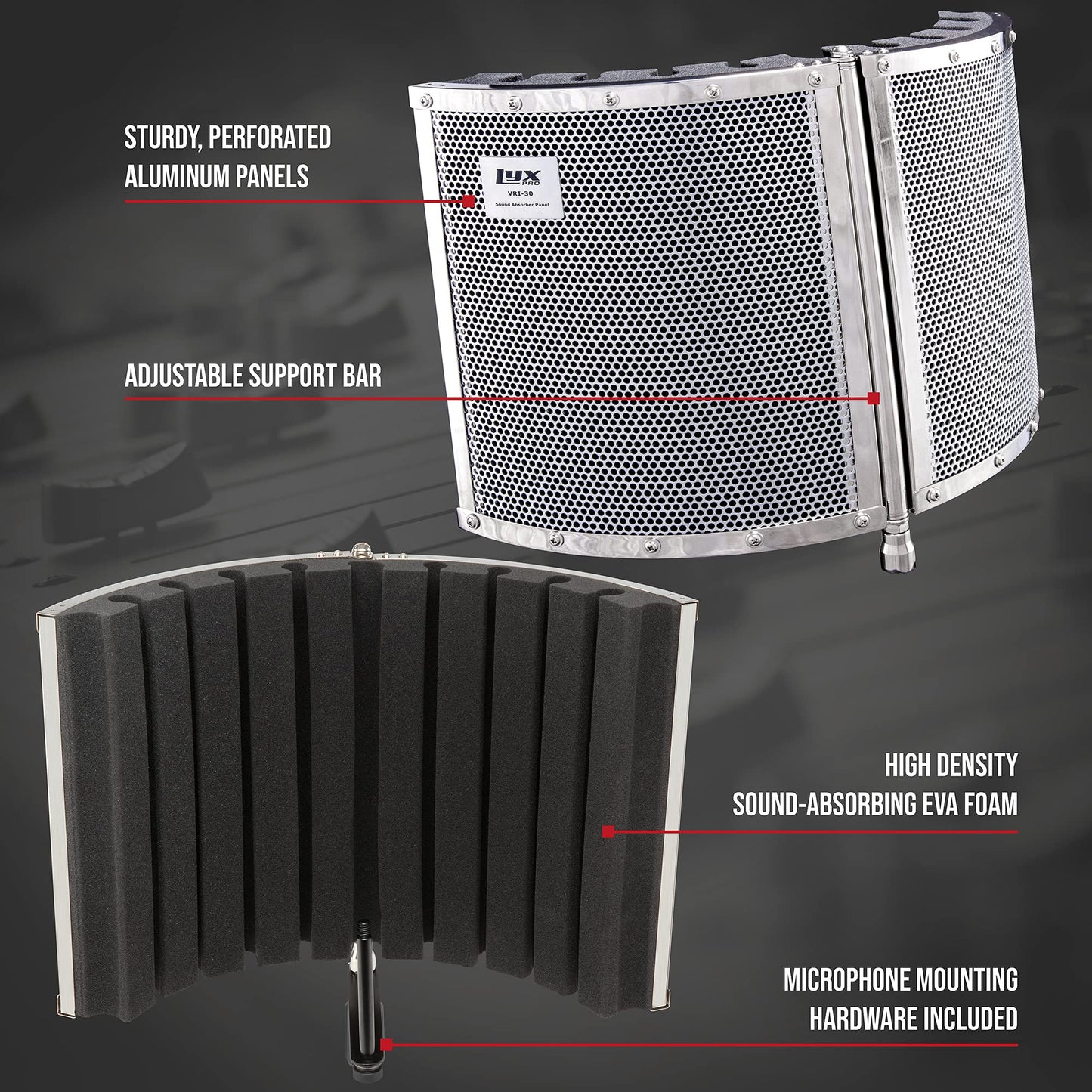 LyxPro VRI-30 Sound Absorbing and Vocal Booth Recording Microphone Isolation Shield Panel for Home Office and Studio Portable & Foldable Stand Mount Adjustable