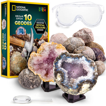 National Geographic Break Open 10 Premium Geodes – Includes Goggles & 2 Display Stands - Great STEM Science Kit, Geology Gift for Kids, Break Your Own Geodes with Crystals