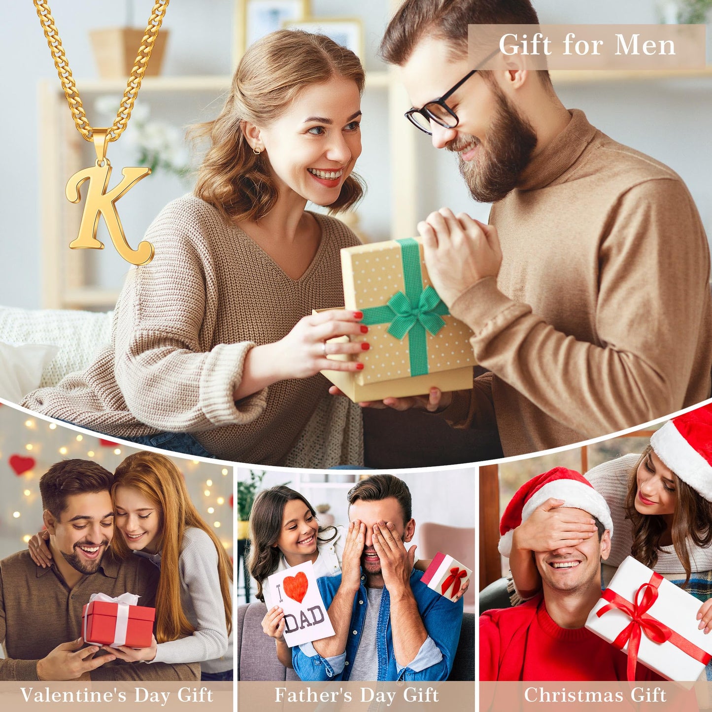 Initial Necklace for Men Boys, Gold Chains for Boys Mens Jewelry Stainless Steel Cuban Chain Letter K Pendant Necklace Anniversary Fathers Day Birthday Gifts for Men Dad Grandpa Son Boyfriend Husband