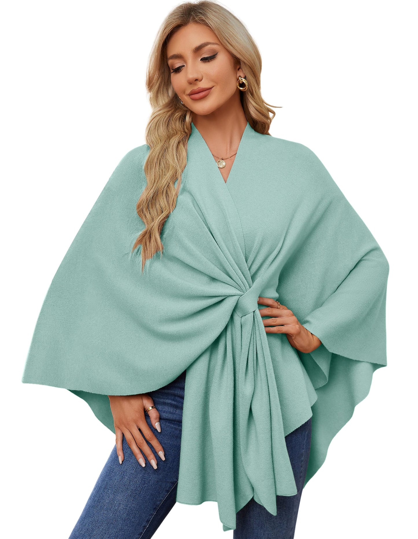 PULI Women's Elegant Shawl Wraps Soft Open Front Poncho Sweater for Spring Fall Winter mint green