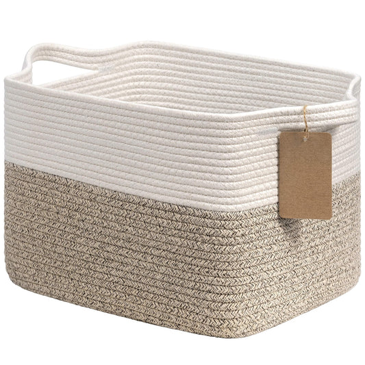 Goodpick Woven Storage Basket, Cotton Rope Basket for Dog Toys, Books, Stylish Gift Basket with Handles, 13 x 10 x 9 Inches Square Baskets for Organizing, Brown and White
