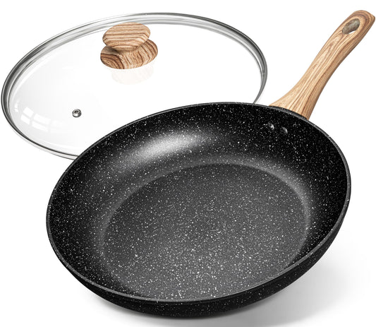 MICHELANGELO Non Stick Frying Pans - 12 Inch Nonstick Frying Pan with Glass Lid, Large Stone Fry Pan with Ergonomic Handle, Induction Compatible, Black