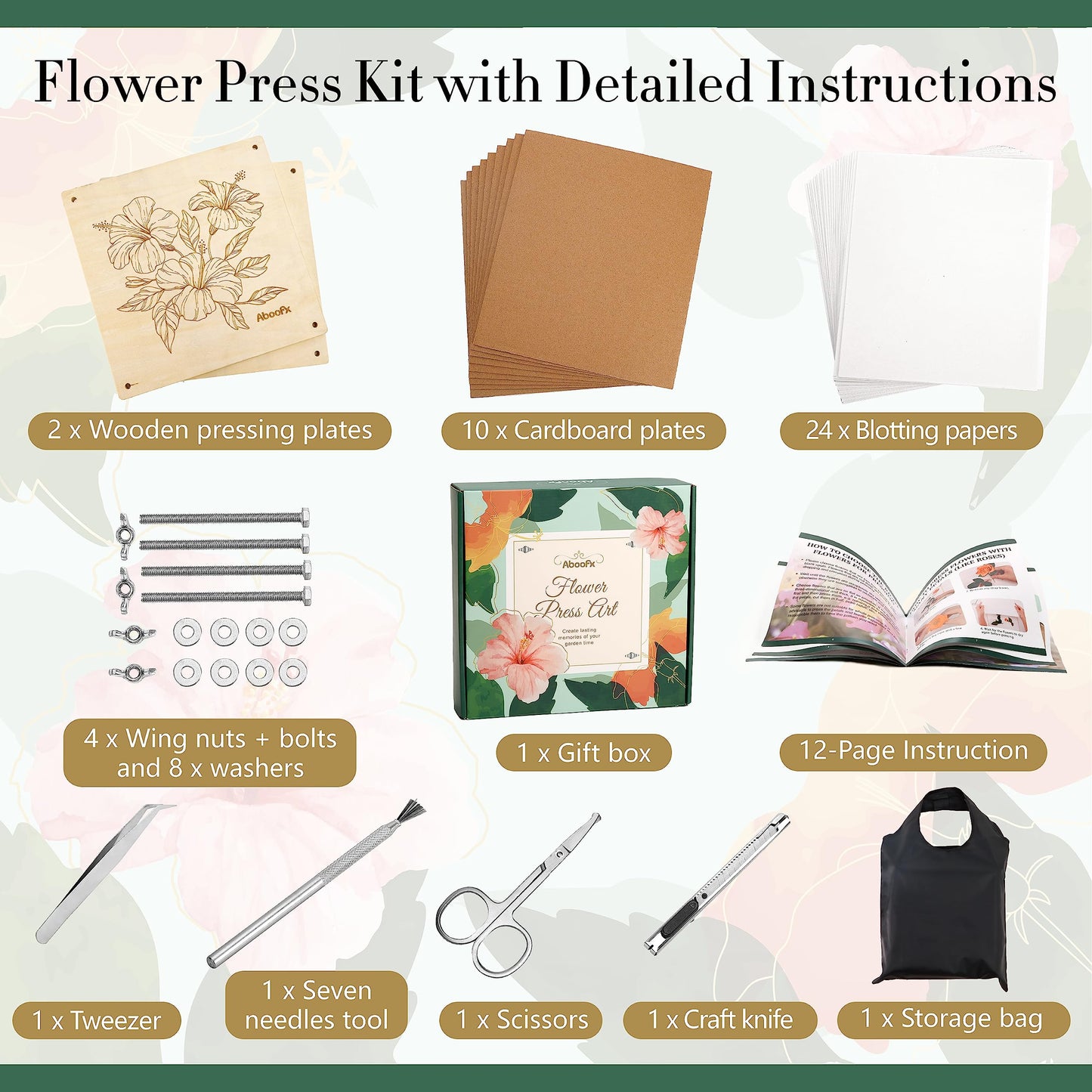 Aboofx Flower Press Kit, Craft Kits 11"x11" 10 Layers Wooden Flower Pressing Kit for Crafts Pressed Flowers and Plant for DIY Art, Preservation for Bookmark Frame Wedding Flower Drying