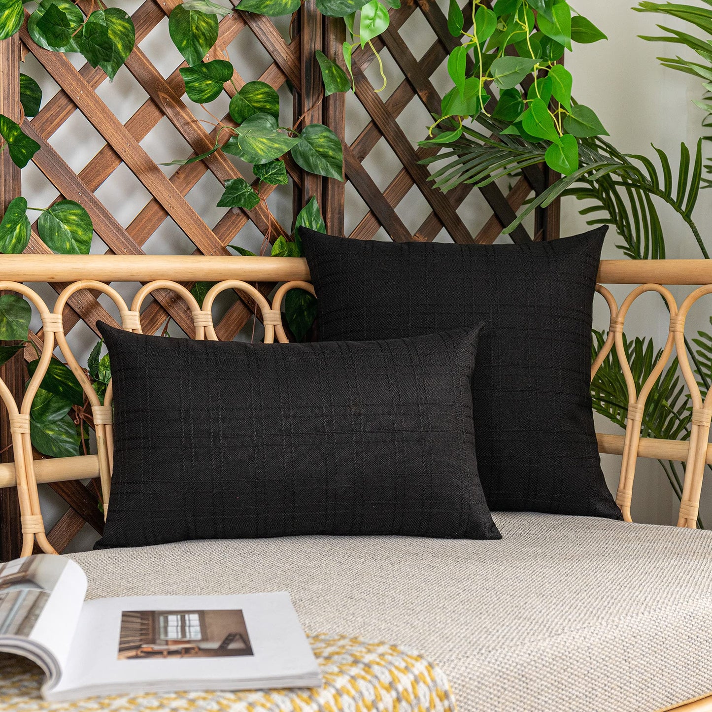 Kevin Textile Pack of 2 Decorative Outdoor Waterproof Throw Pillow Covers Checkered Lumbar Pillowcases Classic Cushion Cases for Patio Couch Bench 12 x 20 Inch Black