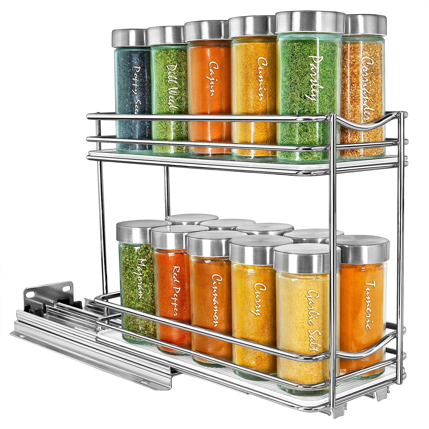 LYNK PROFESSIONAL® Pull Out Spice Rack Organizer for Inside Kitchen Cabinets - 4-1/4 inch Wide - Slide Out Drawer – Chrome Sliding Spice Cabinet Organization Shelf Racks - 2 Tier