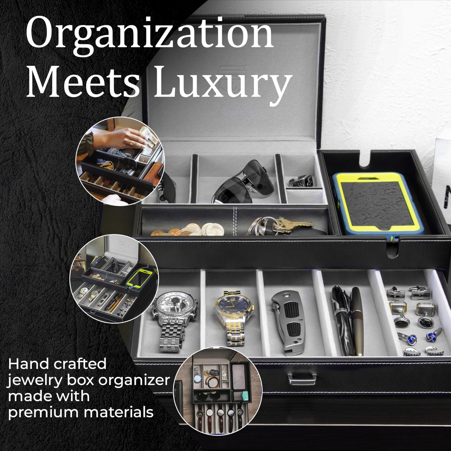 Mens Watch Box Leather Valet Tray - Bedside Table Organizer, Men's Jewelry Box, Watch Case for Men with Large Smartphone Charging Station - Jewelry Box for Men with Valet Box and Nightstand Organizer