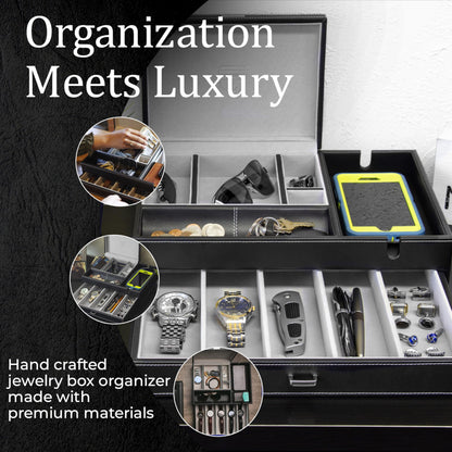 Mens Watch Box Leather Valet Tray - Bedside Table Organizer, Men's Jewelry Box, Watch Case for Men with Large Smartphone Charging Station - Jewelry Box for Men with Valet Box and Nightstand Organizer