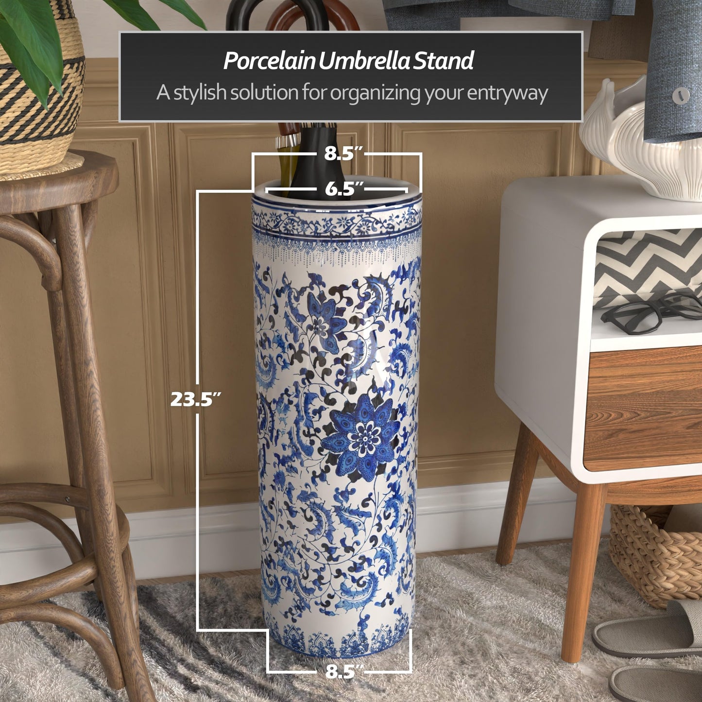 Red Lantern 24" Floral Blue & White Porcelain Umbrella Stand
