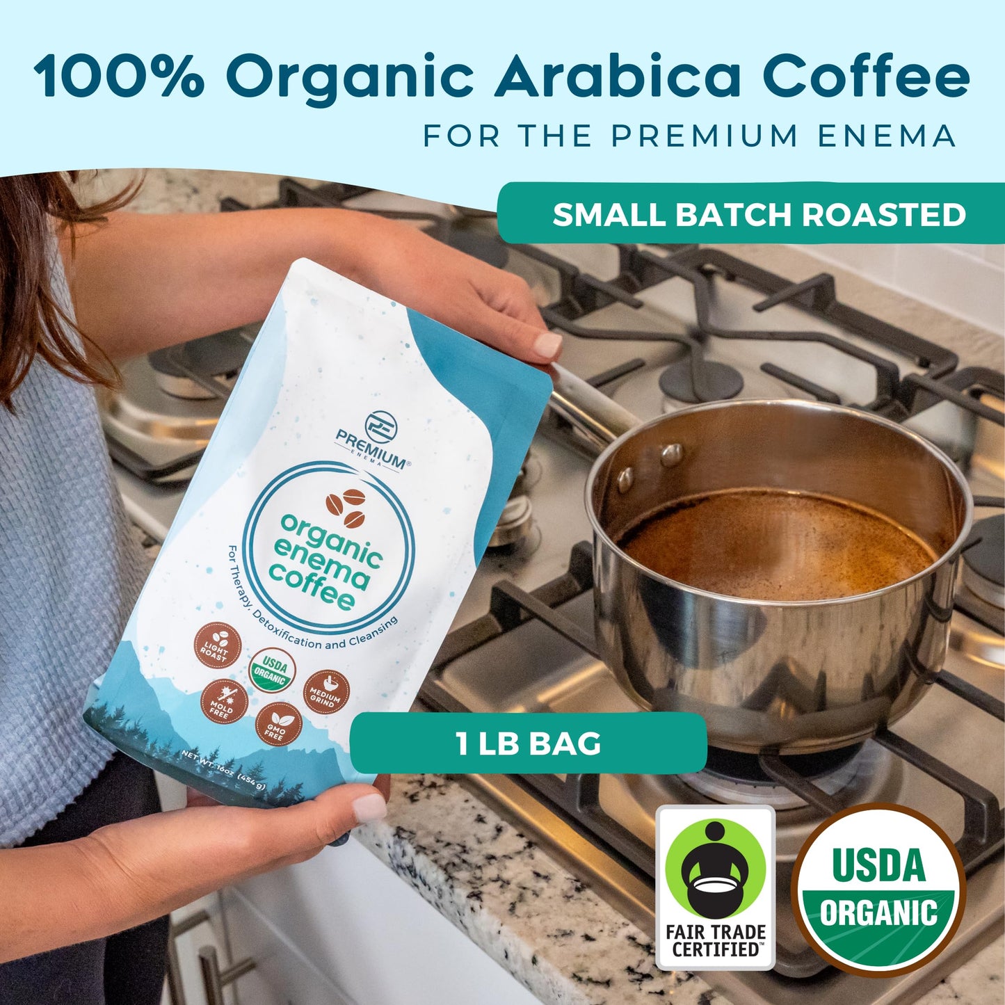 PE Premium Enema Organic Coffee for Enemas. Light Roast, Medium Ground, Specialty Grade. High in Palmitic Acid and Caffeine. Ideal for for Gerson Therapy, Liver Detox and Colon Cleansing (1 Lb)
