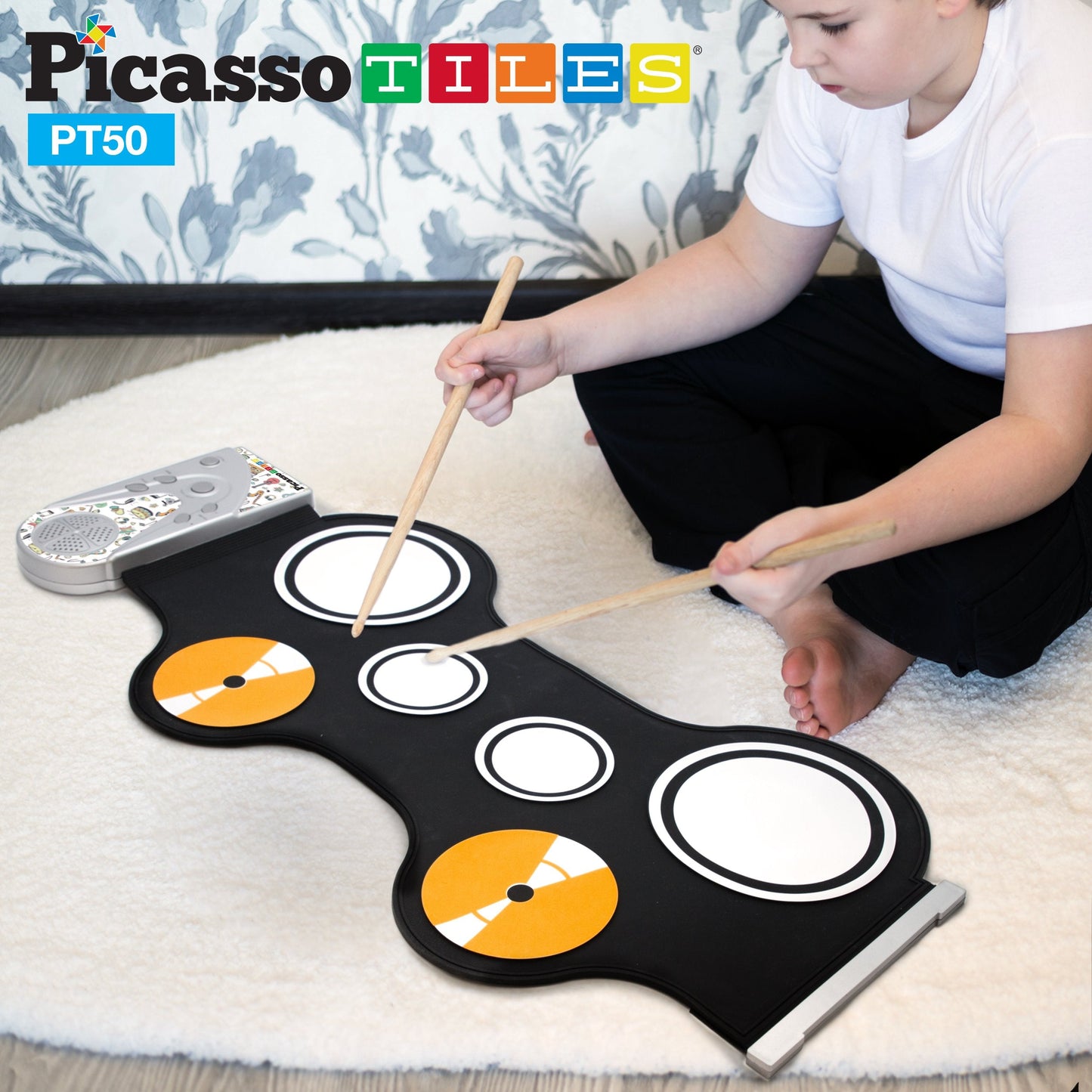 PicassoTiles Portable Roll-Up Electronic Drum Set for Kids 7 Drum Pads with Built-in Speaker Headphone Jack Recording Function Educational Demo Songs Fun Musical Toy for Boys and Girls Ages 3+ PT50