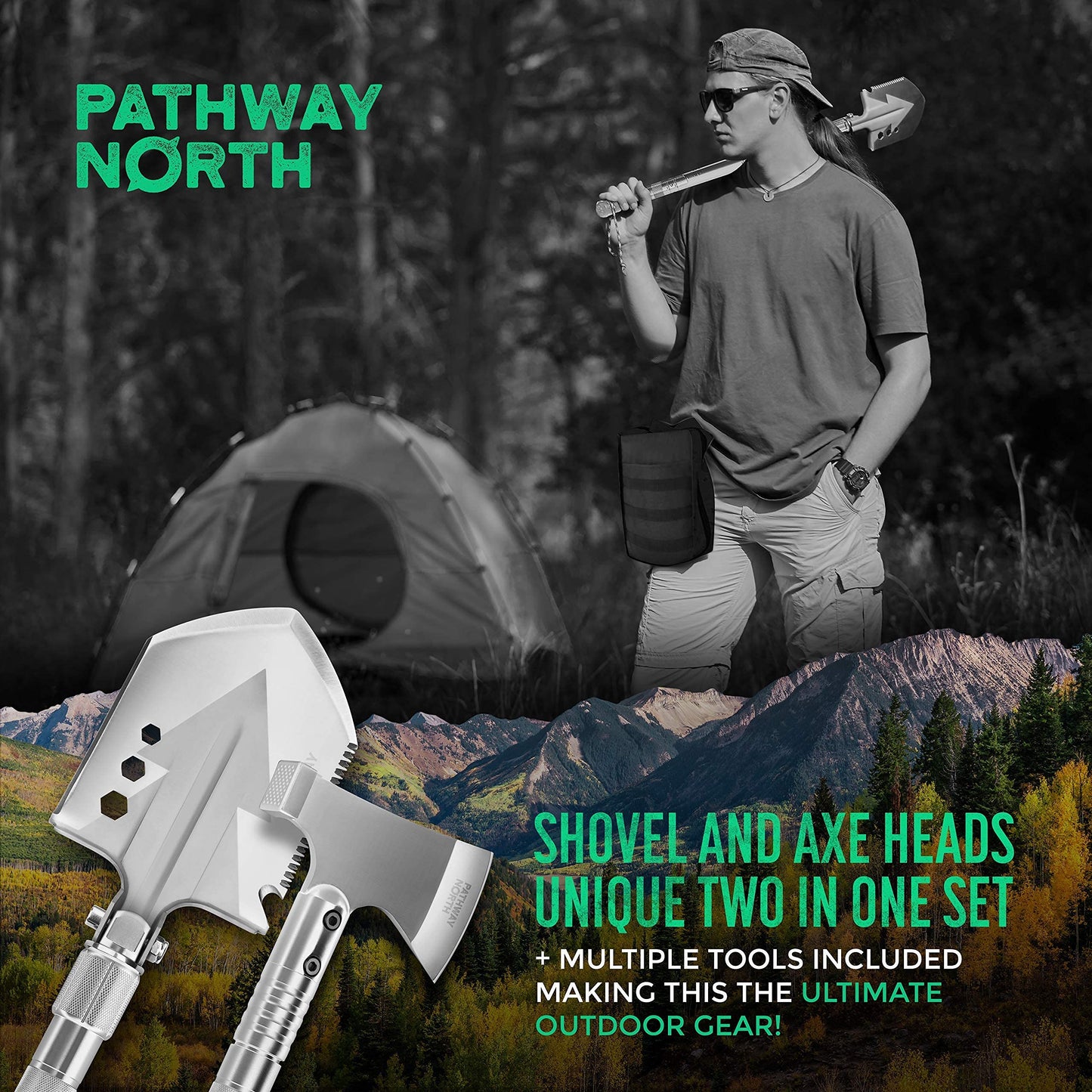 PATHWAY NORTH Survival Shovel and Camping Axe – Stainless Steel Tactical Survival Multi-Tool and Survival Hatchet Equipment for Outdoor Hiking Camping Gear, Hunting, Backpacking Emergency Kit(Silver)