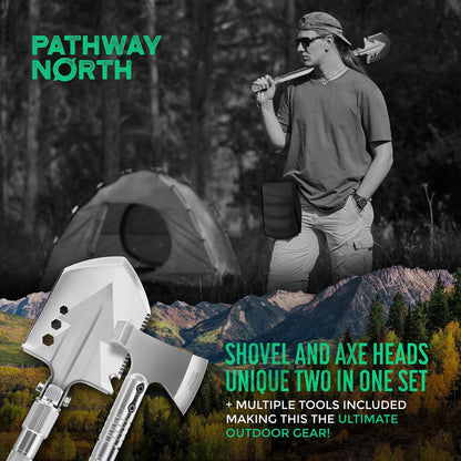 PATHWAY NORTH Survival Shovel and Camping Axe – Stainless Steel Tactical Survival Multi-Tool and Survival Hatchet Equipment for Outdoor Hiking Camping Gear, Hunting, Backpacking Emergency Kit(Silver)
