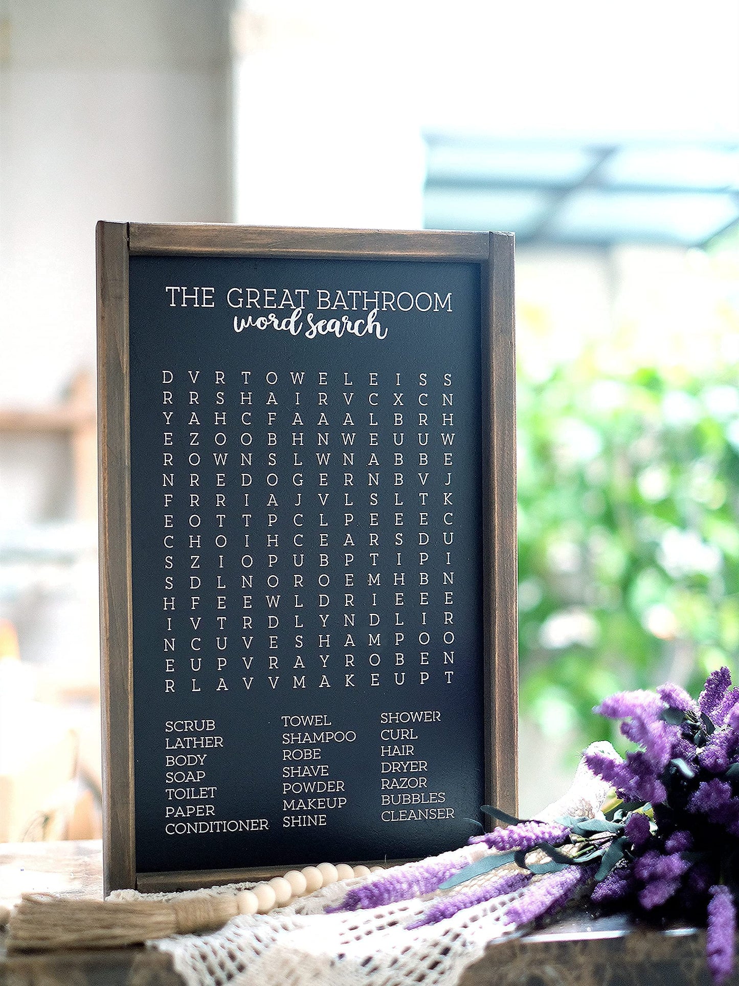 Lavender Inspired Word Search - Rustic Farmhouse Wooden Sign - Funny Wall Art Decor - Half Bath Sign - Kids Bathroom Decor - Housewarming Present (BLACK)