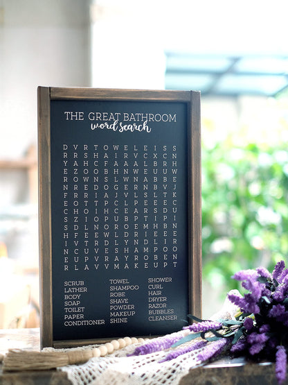 Lavender Inspired Word Search - Rustic Farmhouse Wooden Sign - Funny Wall Art Decor - Half Bath Sign - Kids Bathroom Decor - Housewarming Present (BLACK)