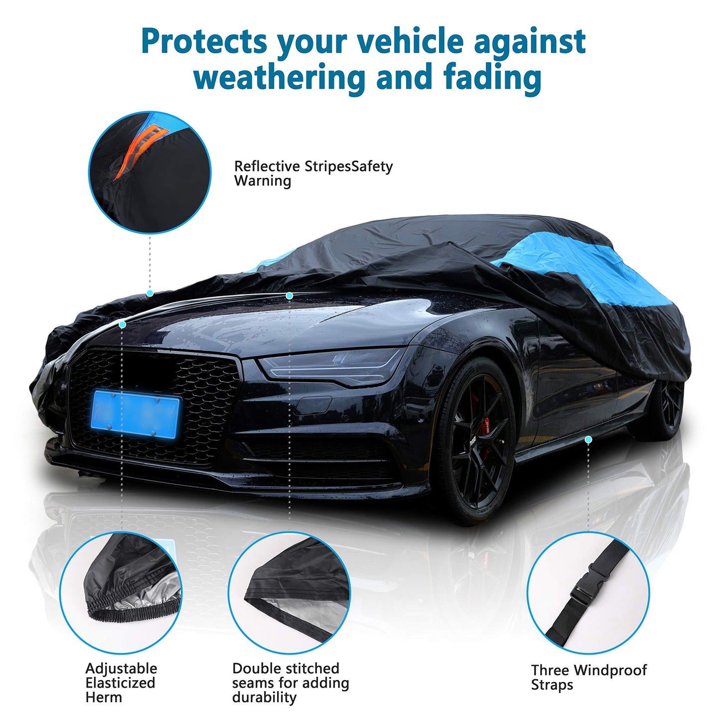MORNYRAY Waterproof Car Cover All Weather Snowproof UV Protection Windproof Outdoor Full car Cover, Universal Fit for Sedan (Blue, A0-Fit Sedan Length(Up to 153 inch)