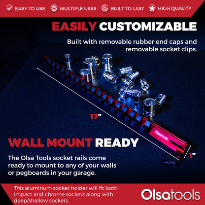 Olsa Tools Socket Organizer - 3/8-Inch Drive Red Holder - Stores 18 Chrome or Impact Sockets - Durable Rail Storage for Mechanics - Professional Grade Metric or SAE Socket Organizer - Part 1011