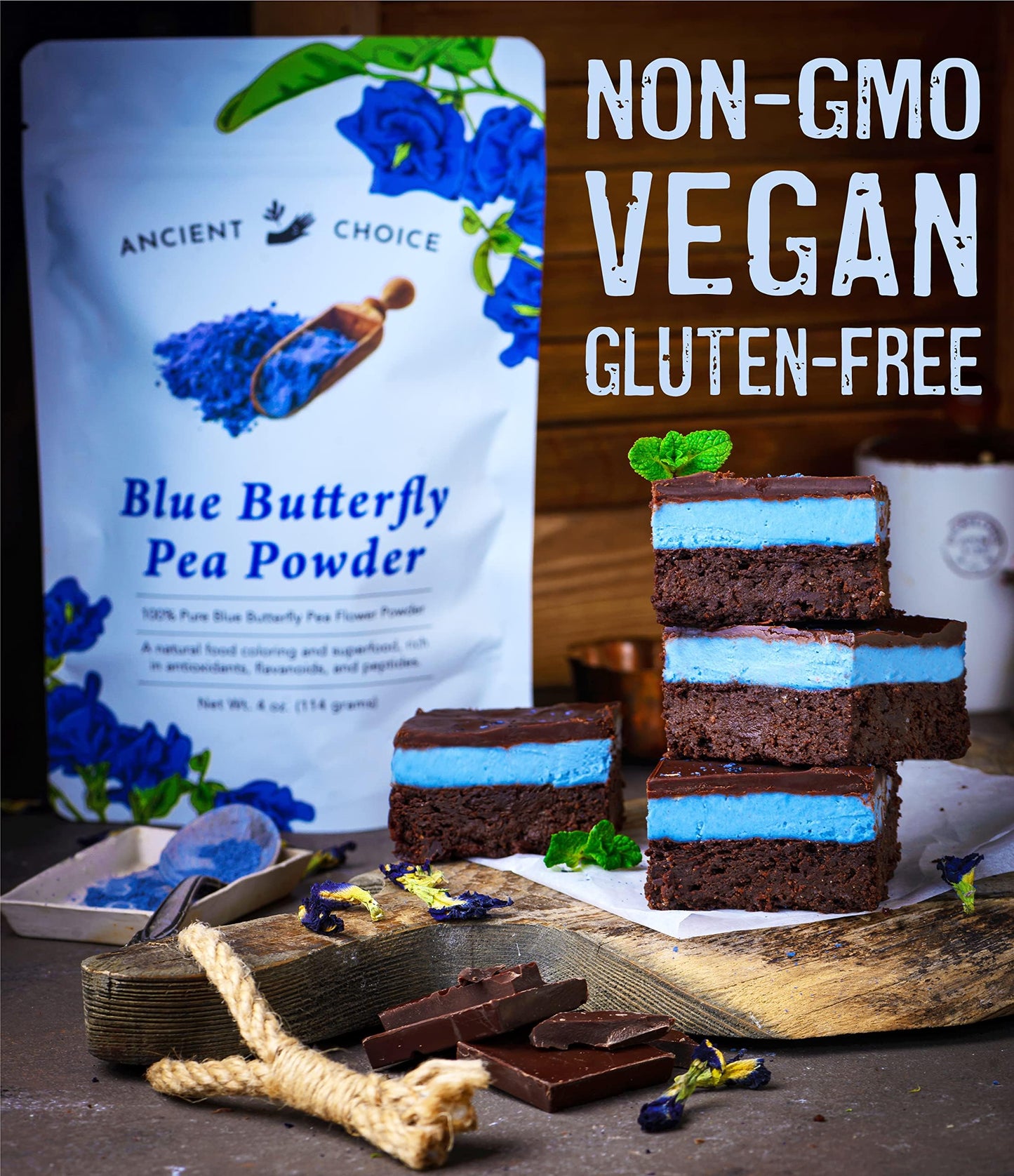 Ancient Choice - Butterfly Pea Flower Powder (4 ounce) | Blue Matcha Tea | Ceremonial (Highest) Grade | Adaptogenic Raw Culinary | Natural Food Coloring | Thai Non-GMO | Vegan