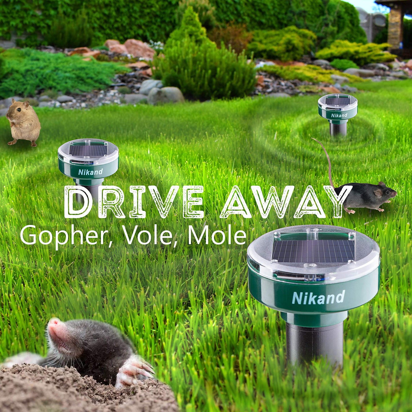 Gopher Repellent Ultrasonic Solar Powered - Mole Repellent Stakes Outdoor Pet Safe - Groundhog Repeller Snake Rodent Gopher Spikes Chaser - Sonic Mole Deterrent Devices (2)