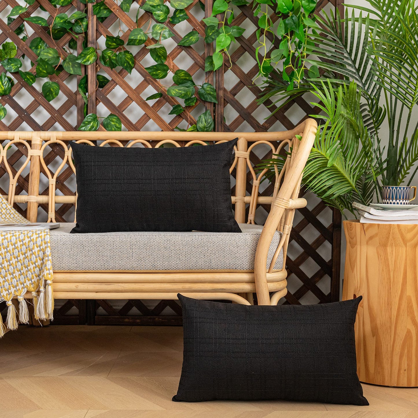 Kevin Textile Pack of 2 Decorative Outdoor Waterproof Throw Pillow Covers Checkered Lumbar Pillowcases Classic Cushion Cases for Patio Couch Bench 12 x 20 Inch Black