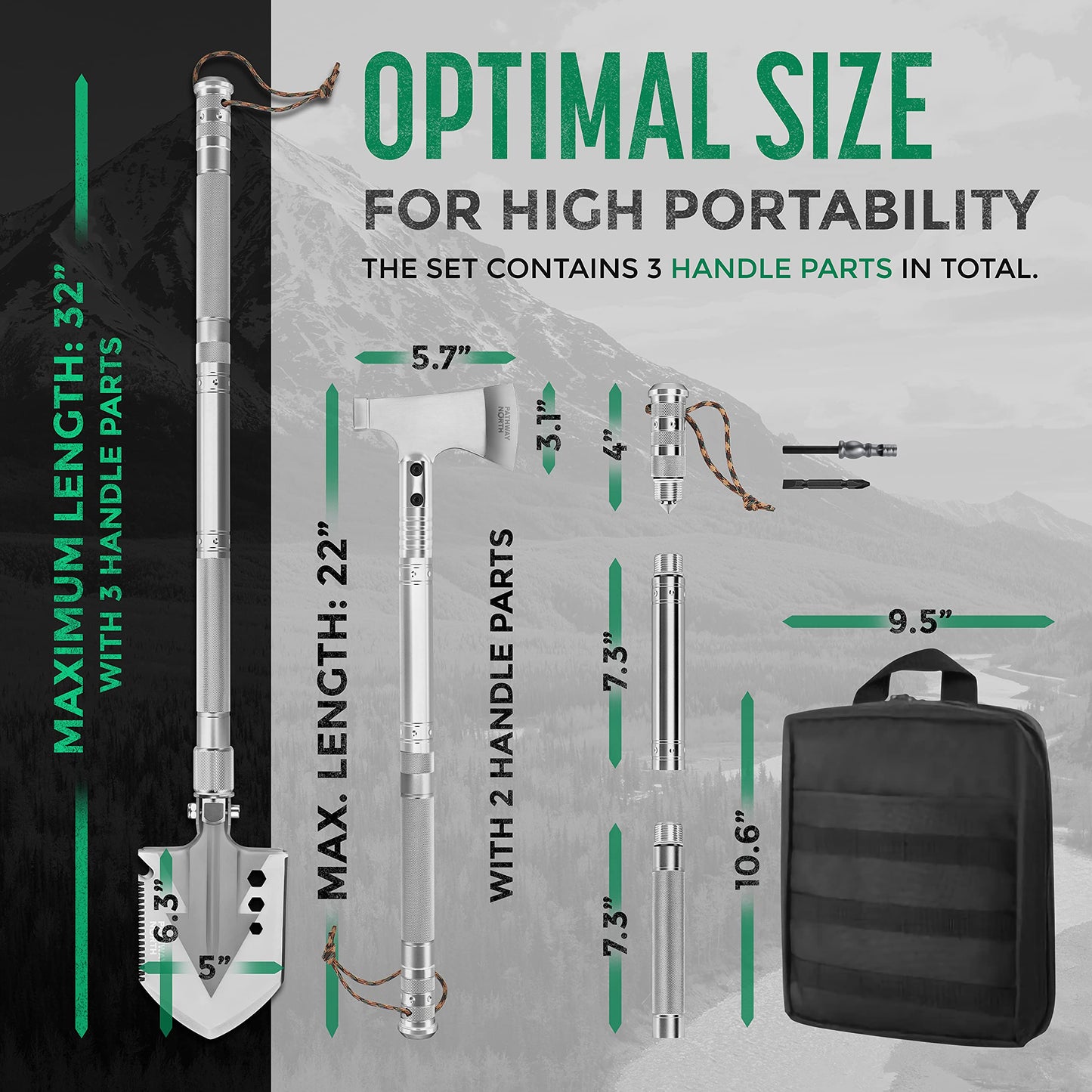 PATHWAY NORTH Survival Shovel and Camping Axe – Stainless Steel Tactical Survival Multi-Tool and Survival Hatchet Equipment for Outdoor Hiking Camping Gear, Hunting, Backpacking Emergency Kit(Silver)